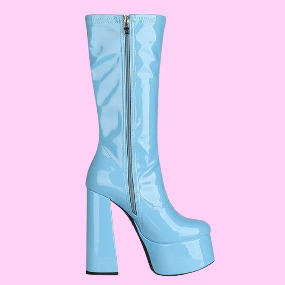 Patent Leather Platform Mid Calf Boots Blue