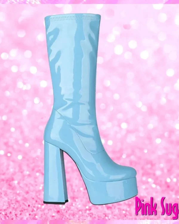 Patent Leather Platform Mid Calf Boots Blue