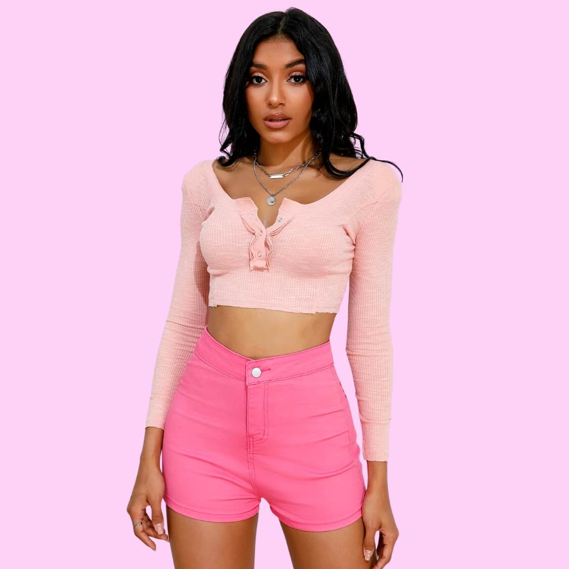 Pink Long Sleeve Crop Top
