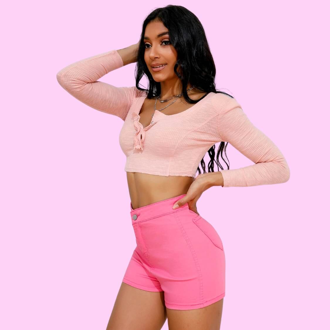 Pink Long Sleeve Crop Top