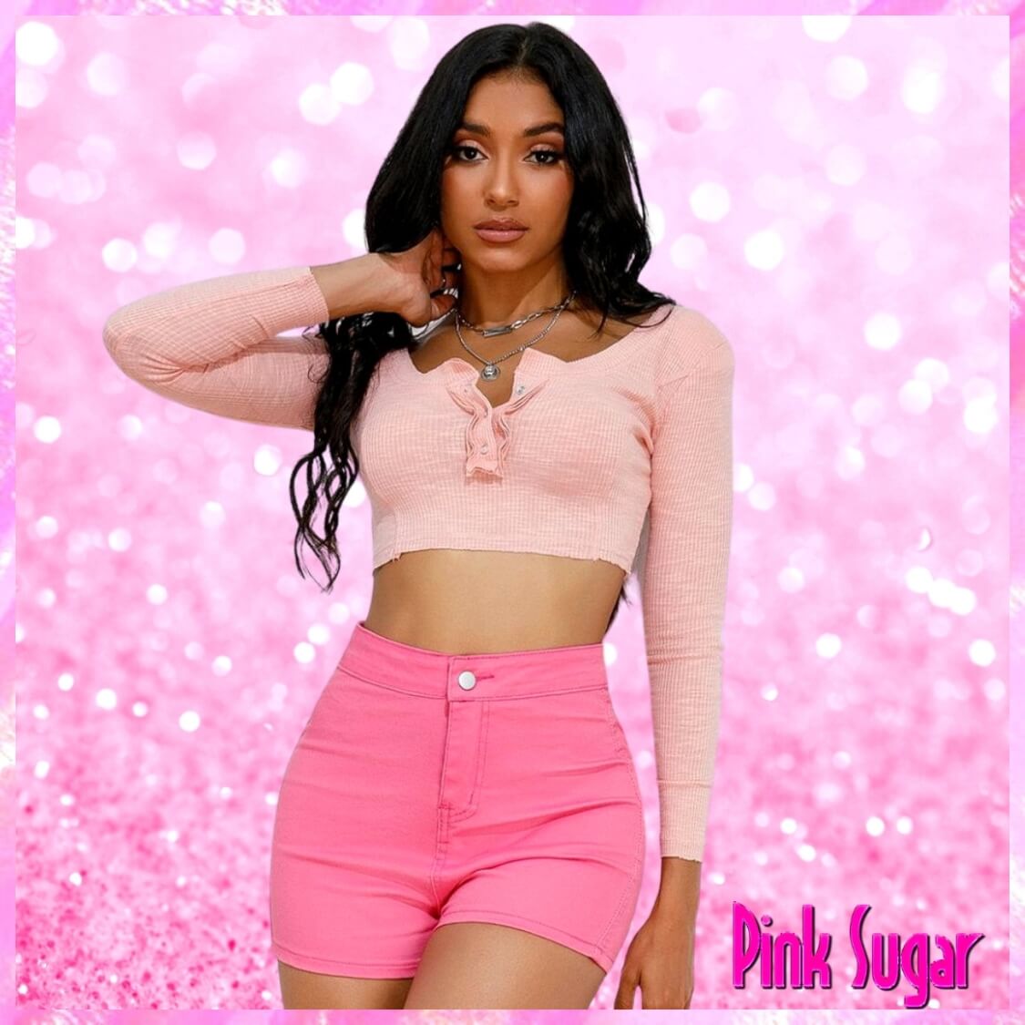 Pink Long Sleeve Crop Top
