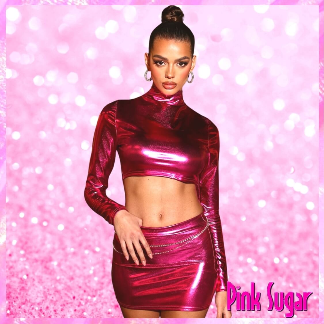 Pink Metallic Crop Top Skirt Set
