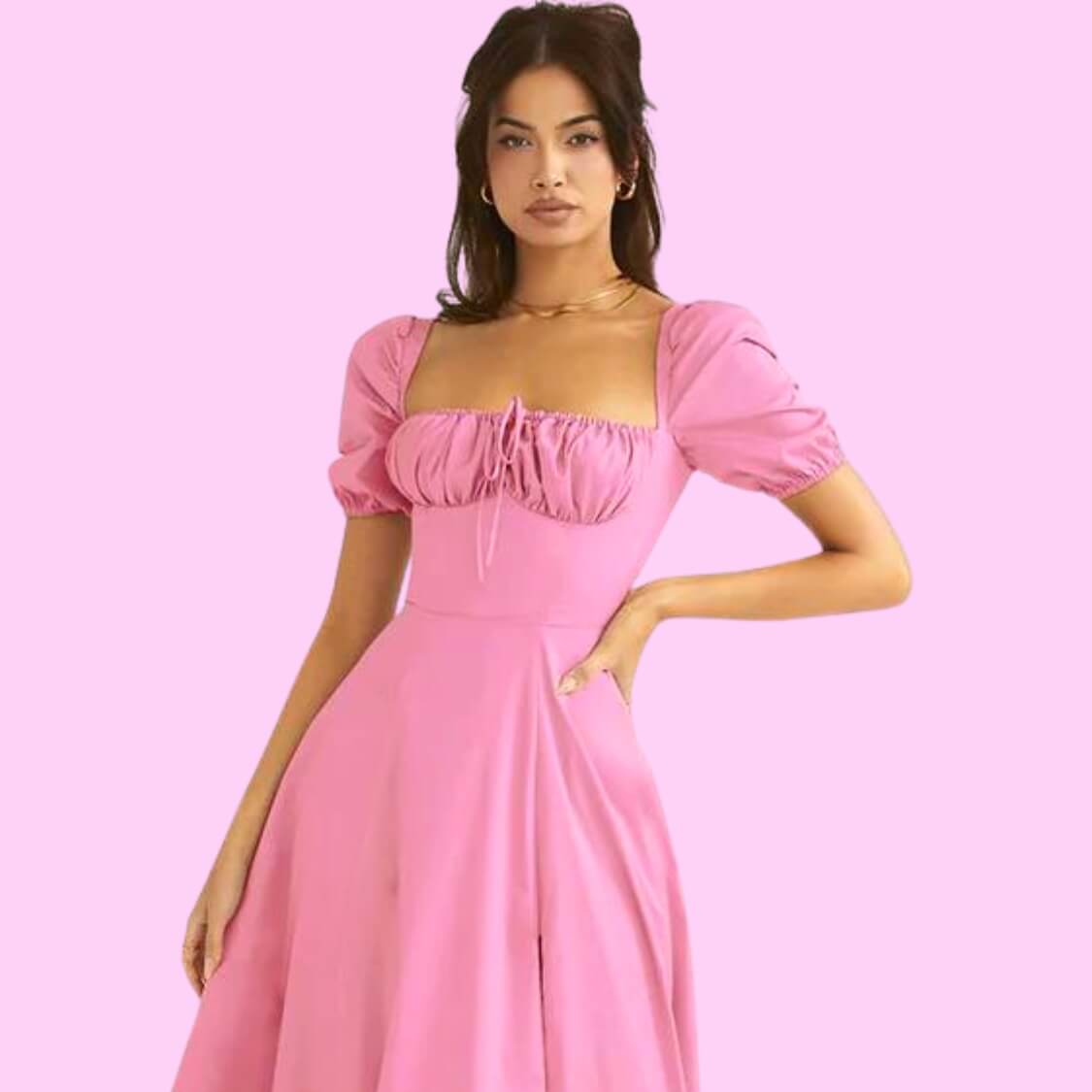 Pink Puff Sleeve Summer Midi Dress