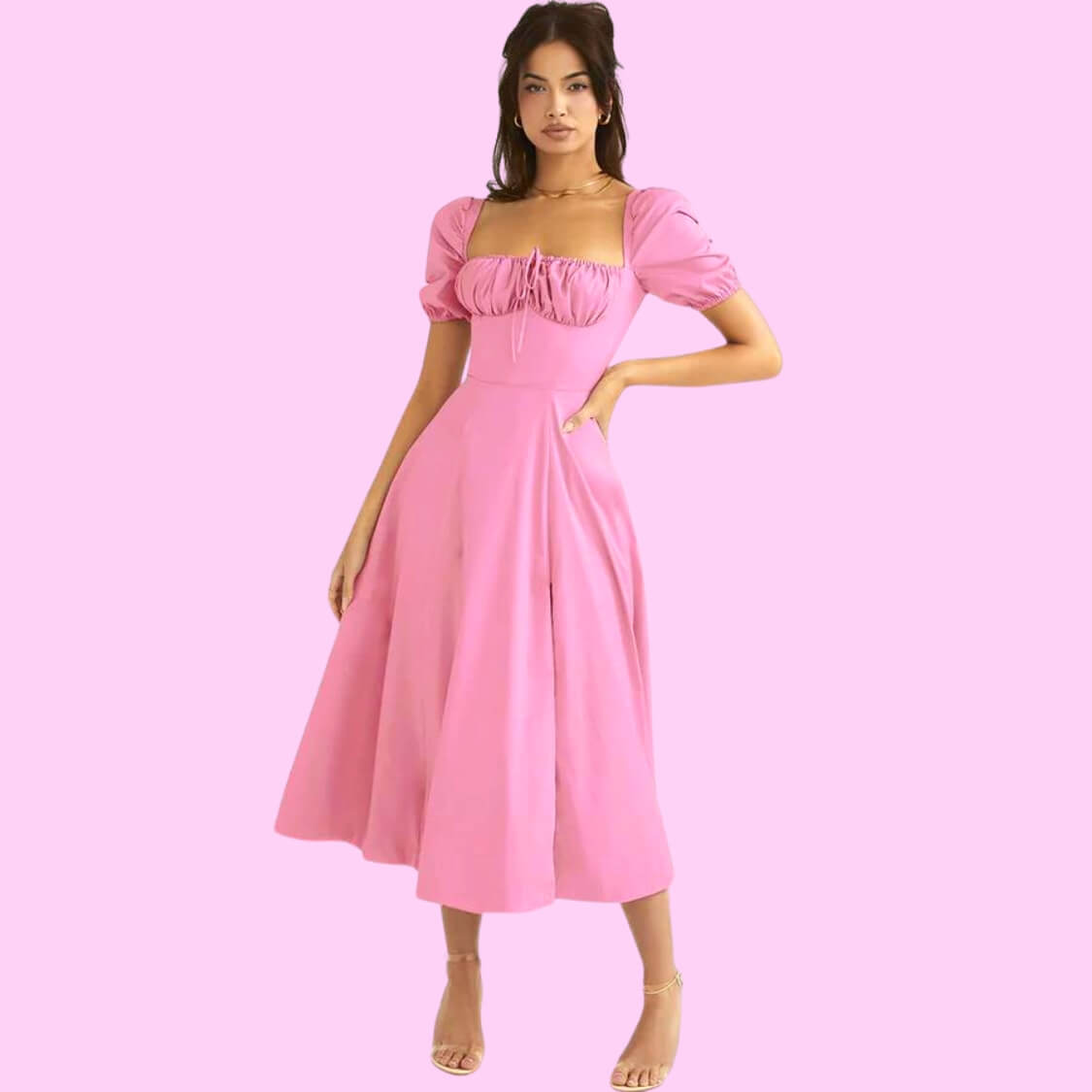 Pink Puff Sleeve Summer Midi Dress