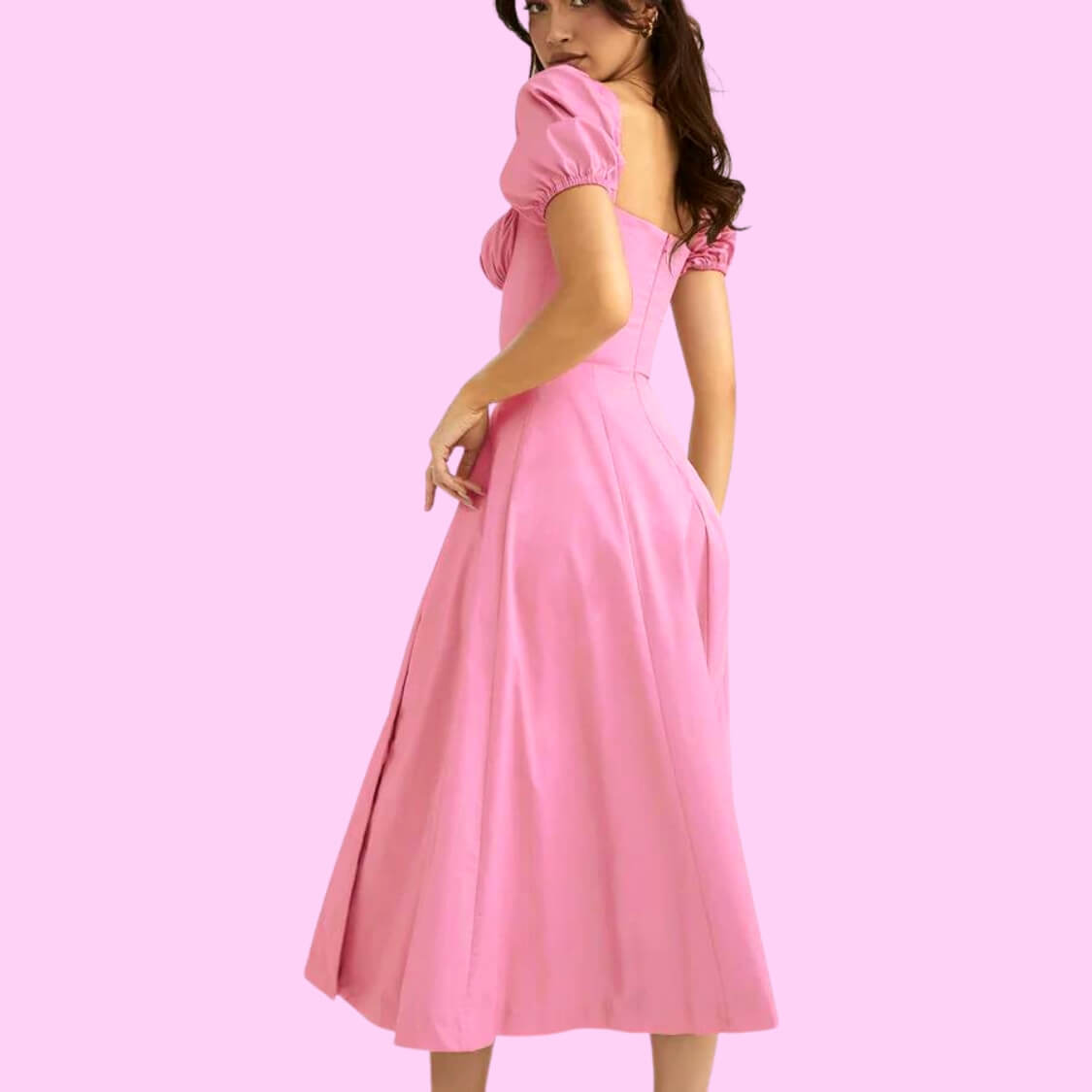 Pink Puff Sleeve Summer Midi Dress