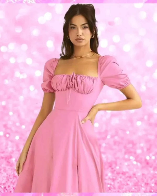 Pink Puff Sleeve Summer Midi Dress
