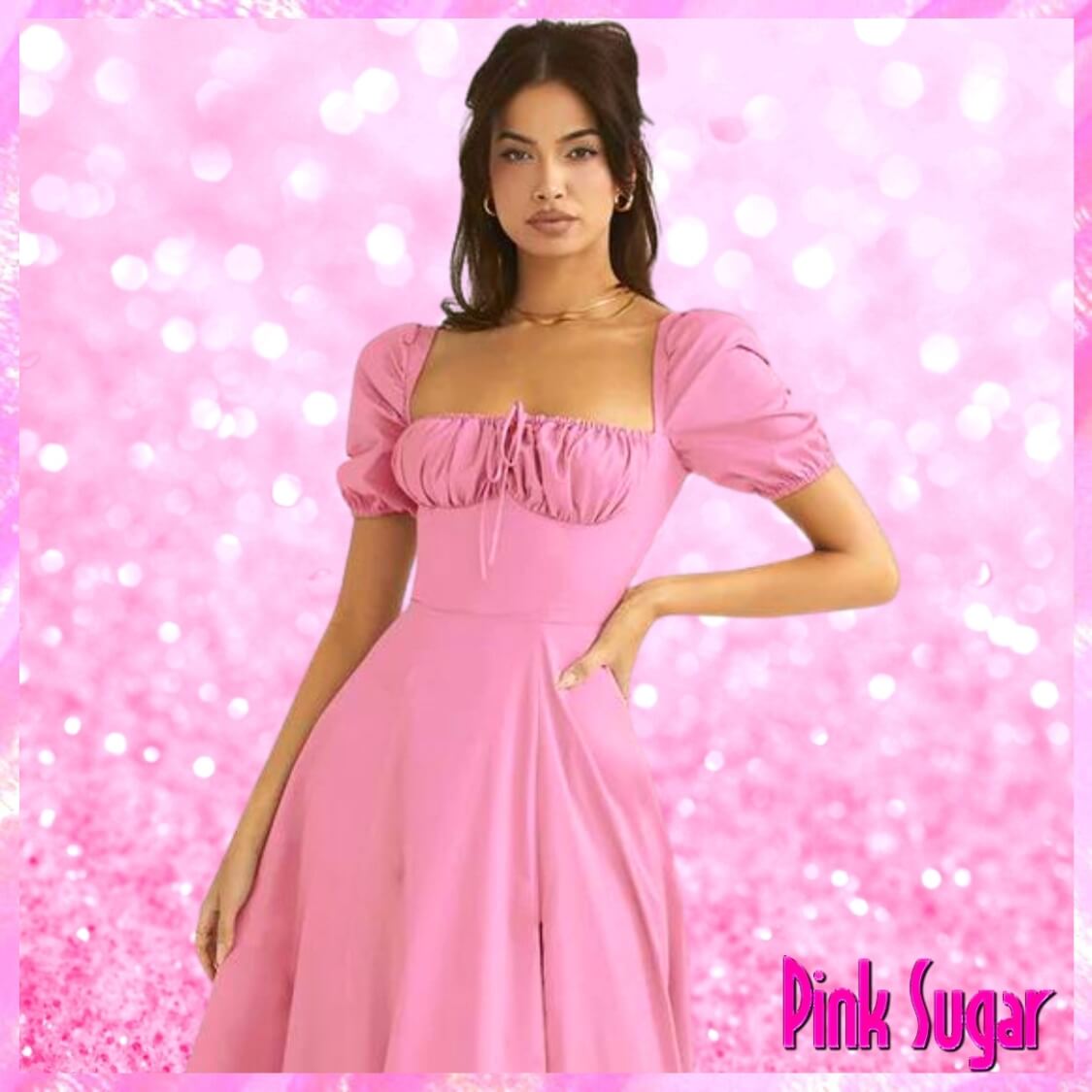 Pink Puff Sleeve Summer Midi Dress