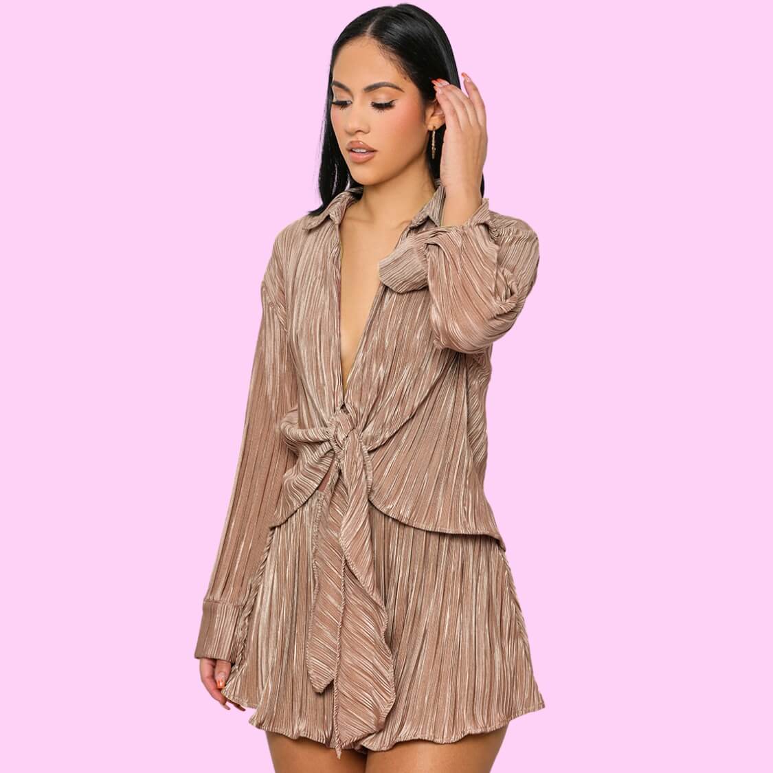 Plisse Tie Front Shorts Set Mocha