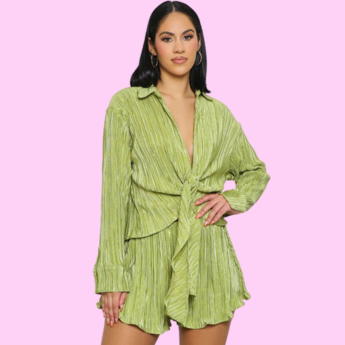 Plisse Tie Front Shorts Set Lime