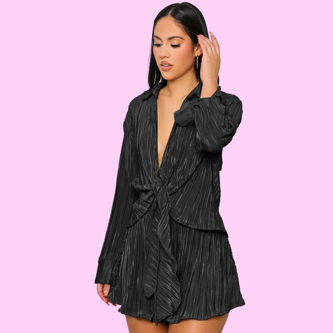 Plisse Tie Front Shorts Set