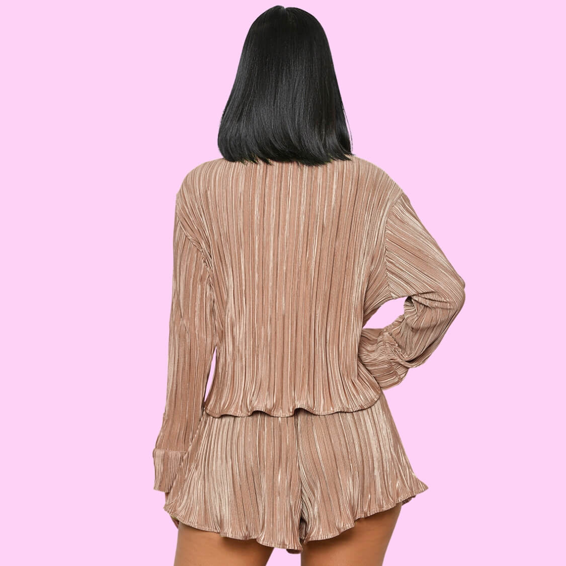 Plisse Tie Front Shorts Set Mocha