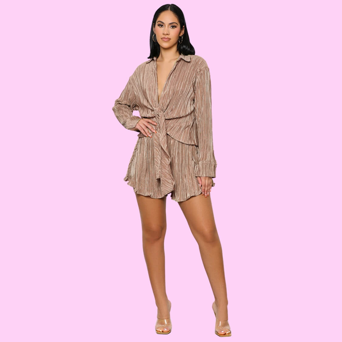 Plisse Tie Front Shorts Set Mocha