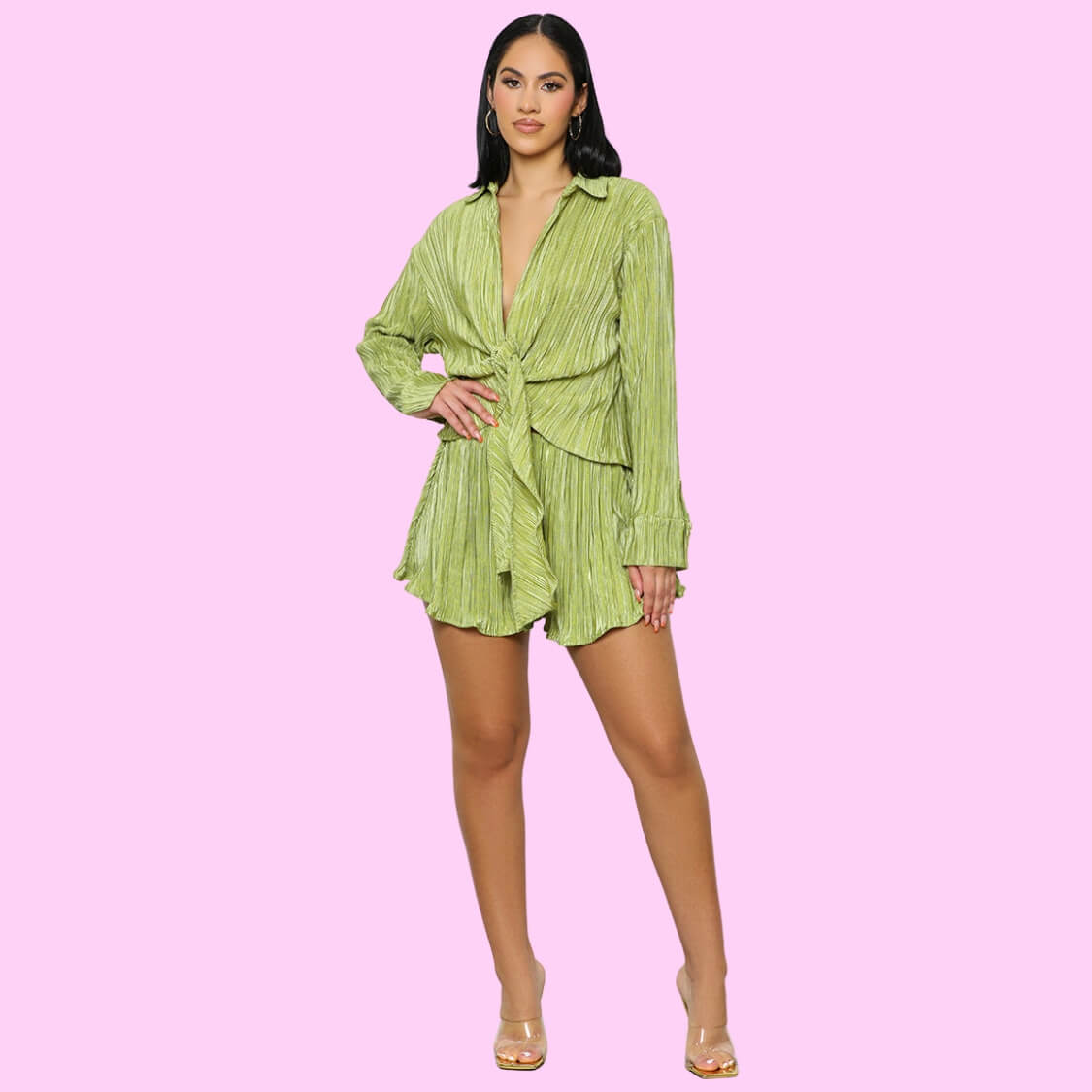 Plisse Tie Front Shorts Set Lime
