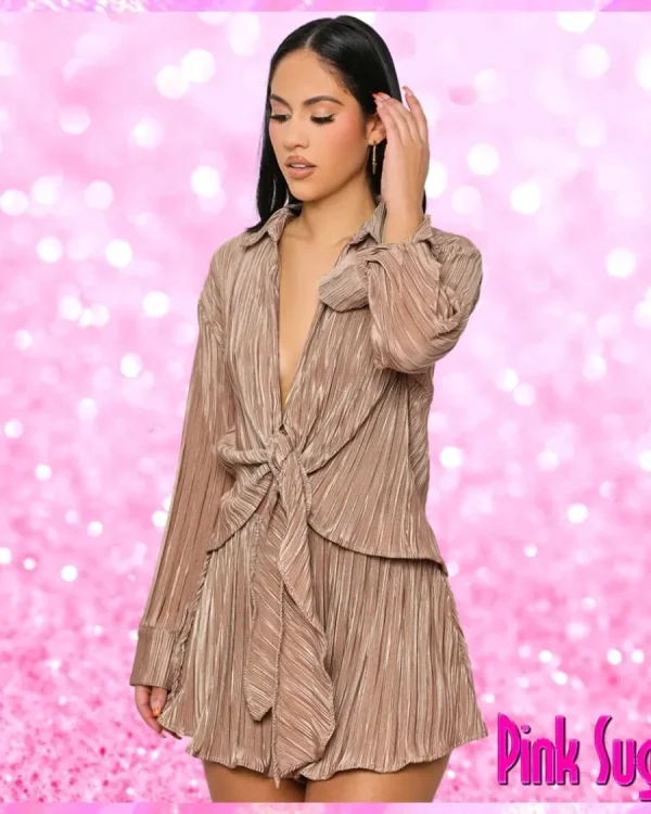 Plisse Tie Front Shorts Set Mocha