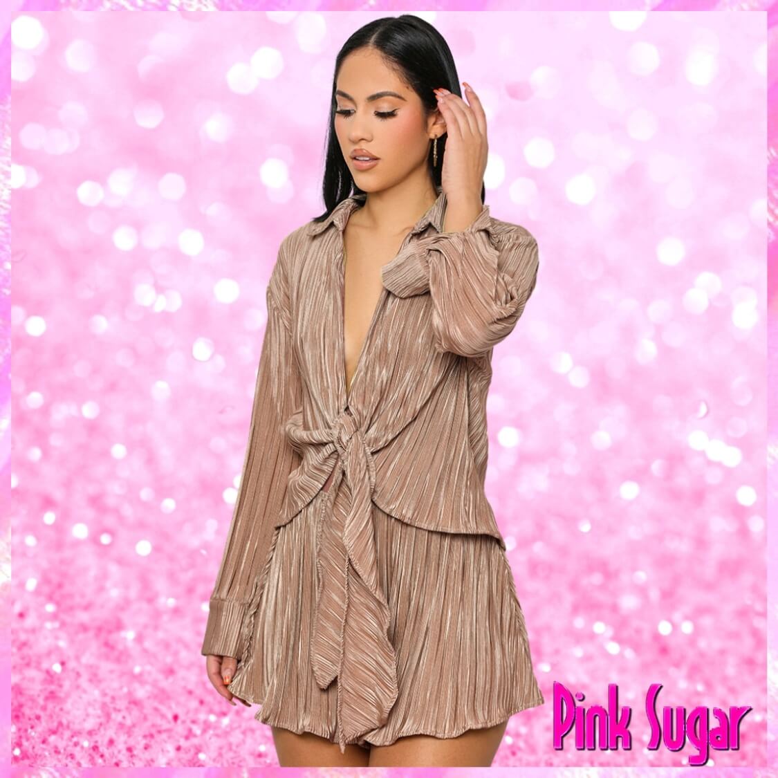 Plisse Tie Front Shorts Set Mocha