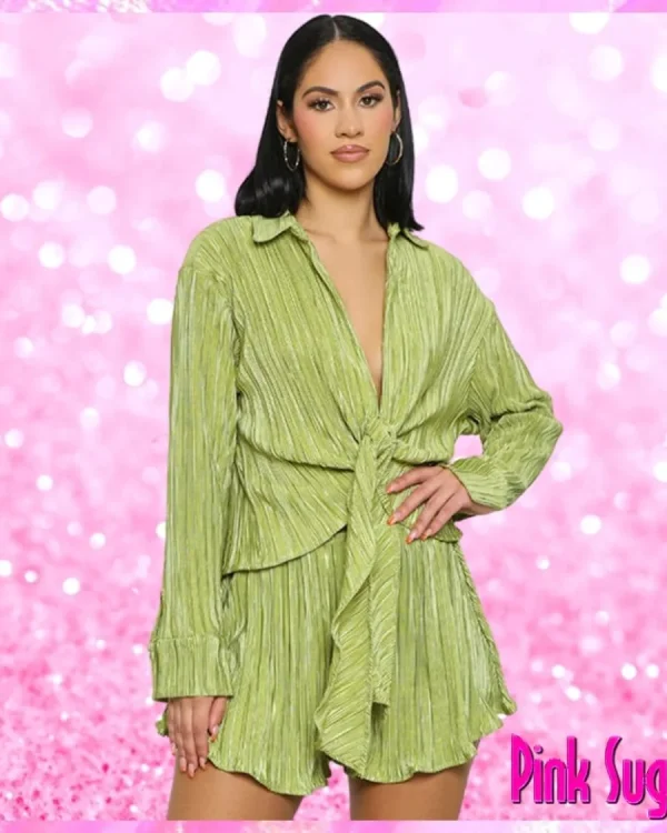 Plisse Tie Front Shorts Set Lime