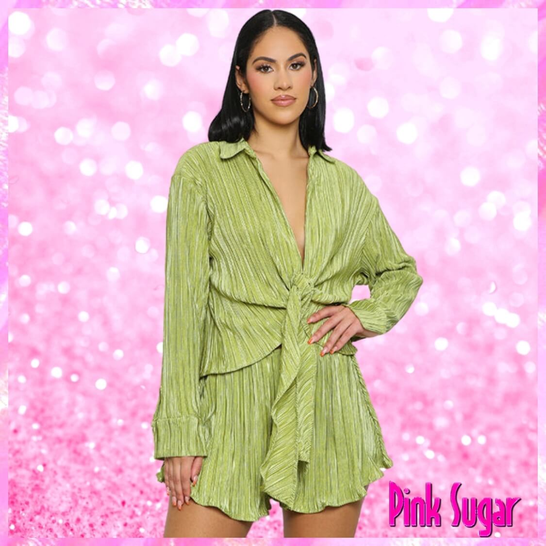 Plisse Tie Front Shorts Set Lime