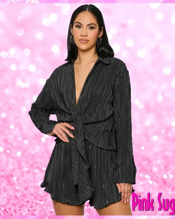 Plisse Tie Front Shorts Set