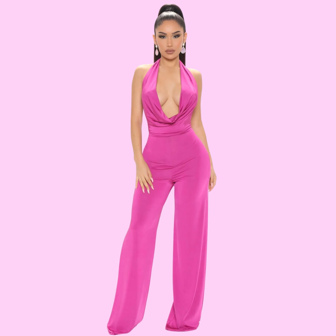 Plunging Backless Jumpsuit Pink