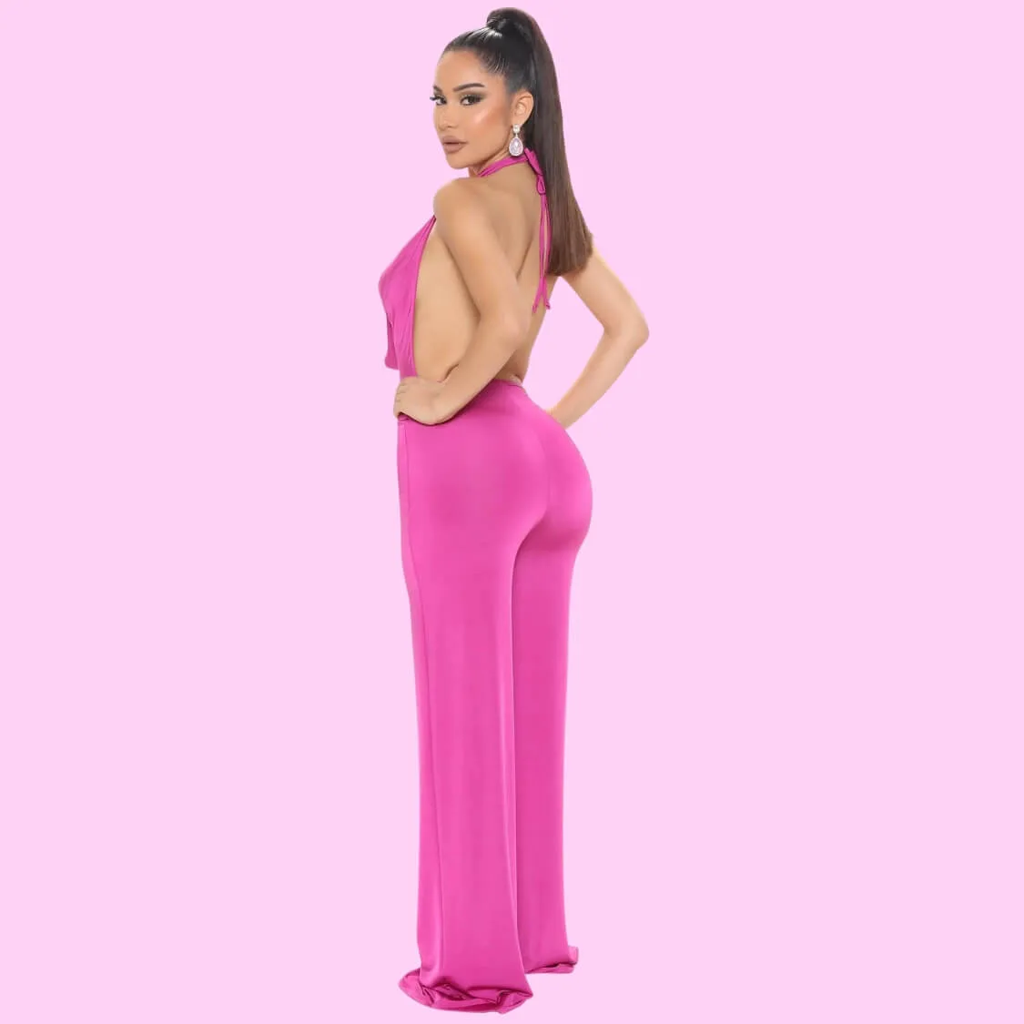 Plunging Backless Jumpsuit Pink