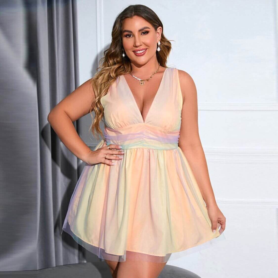 Plus Size Rainbow Mesh Mini Dress