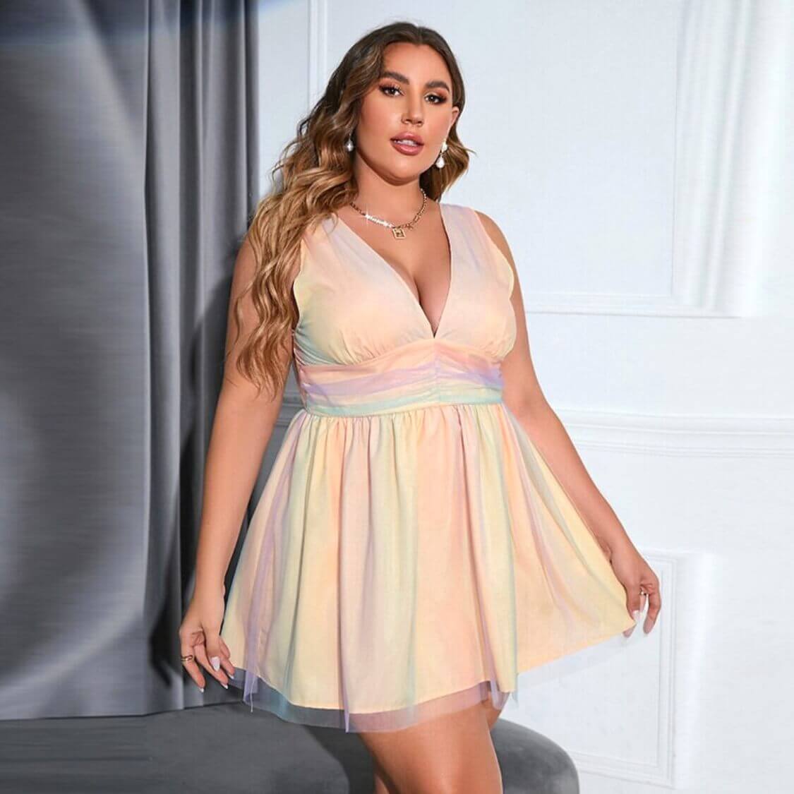 Plus Size Rainbow Mesh Mini Dress