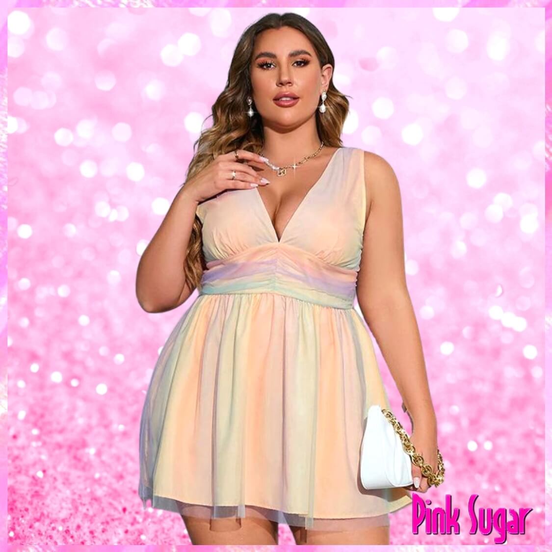 Plus Size Rainbow Mesh Mini Dress