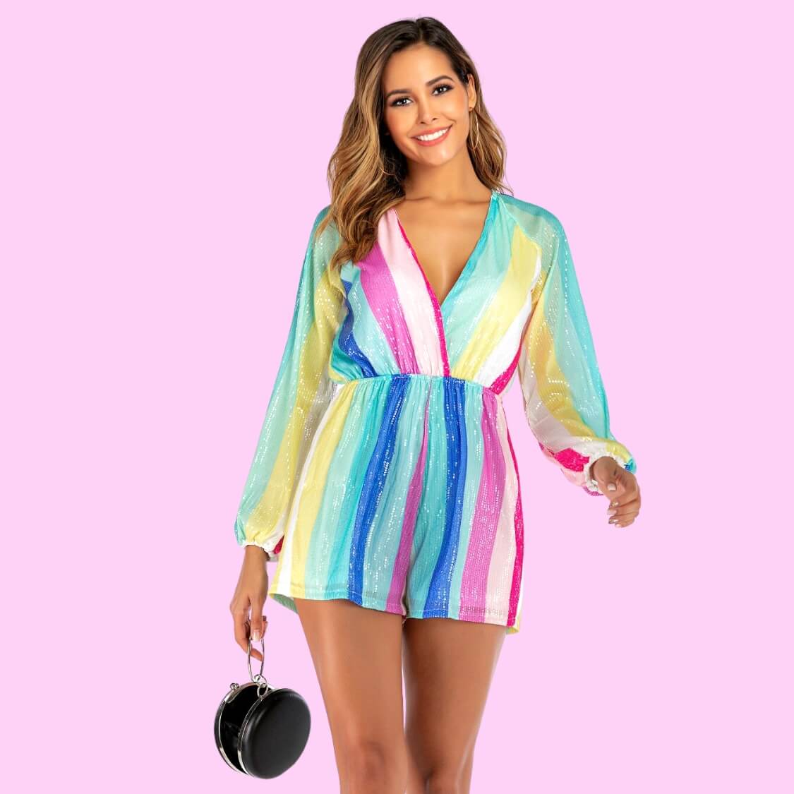 Rainbow Striped Sequin Romper Dress