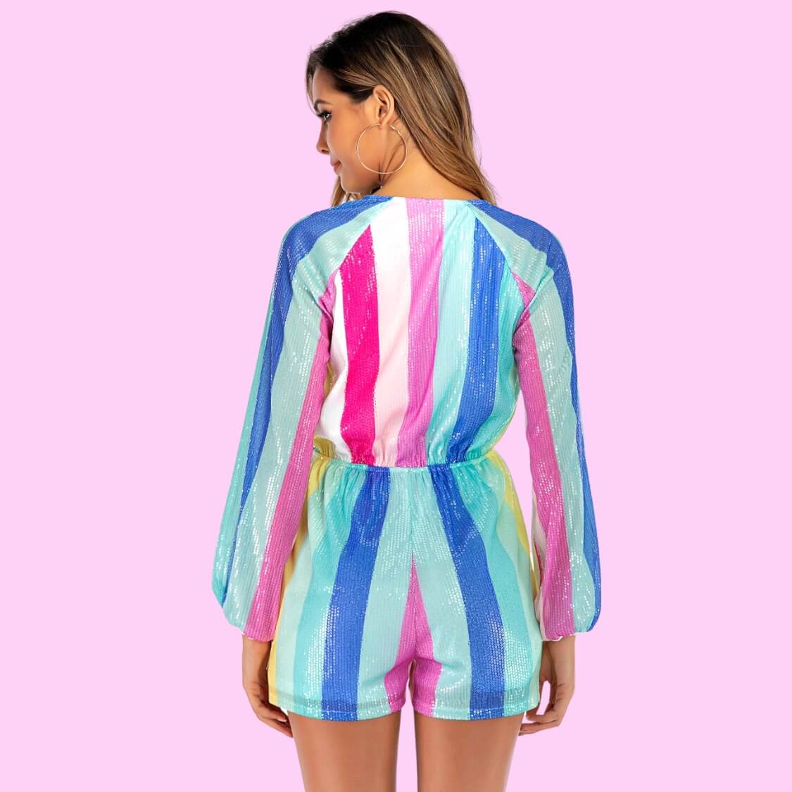 Rainbow Striped Sequin Romper Dress