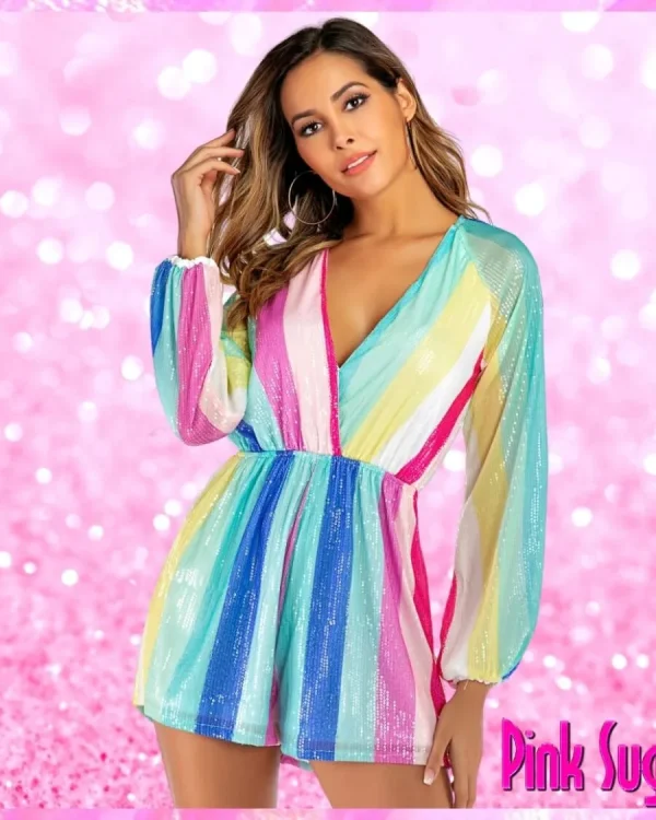 Rainbow Striped Sequin Romper Dress