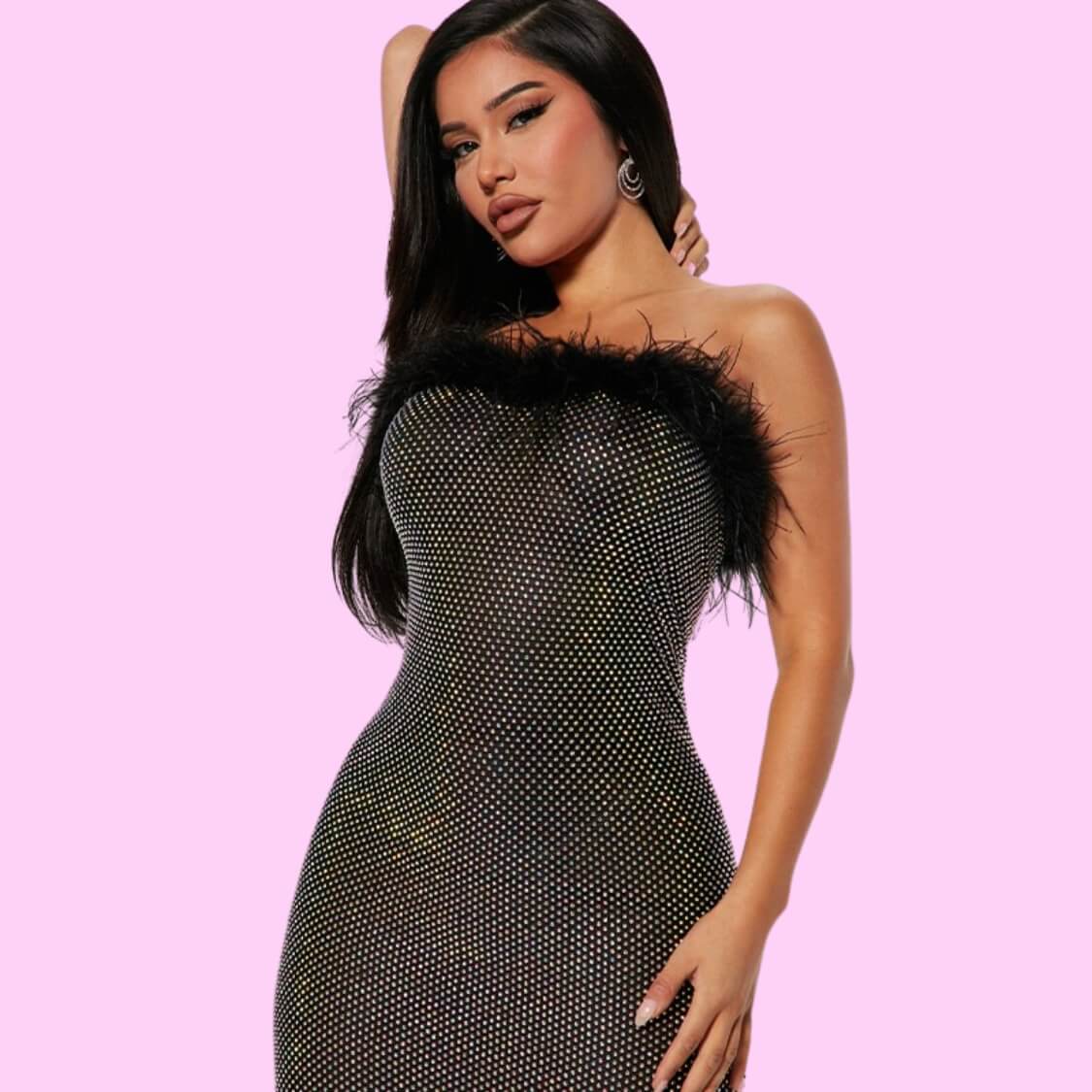 Rhinestone Feather Bardot Dress