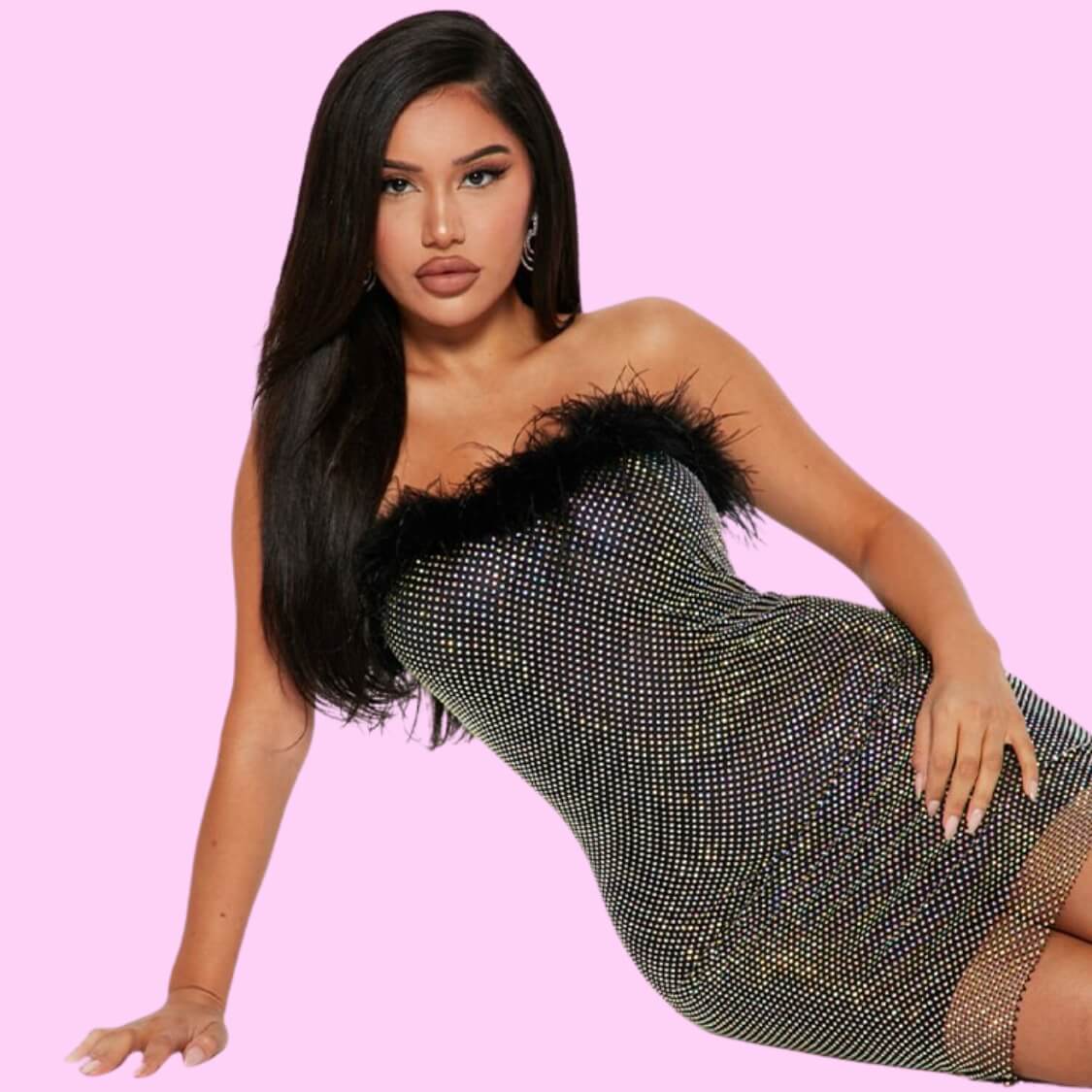 Rhinestone Feather Bardot Dress