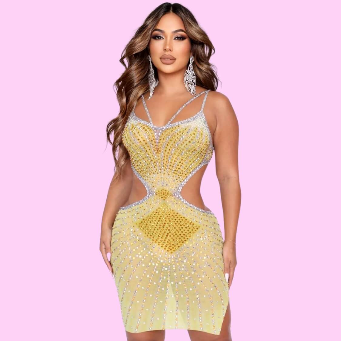 Rhinestone Mesh Party Dress Yellow