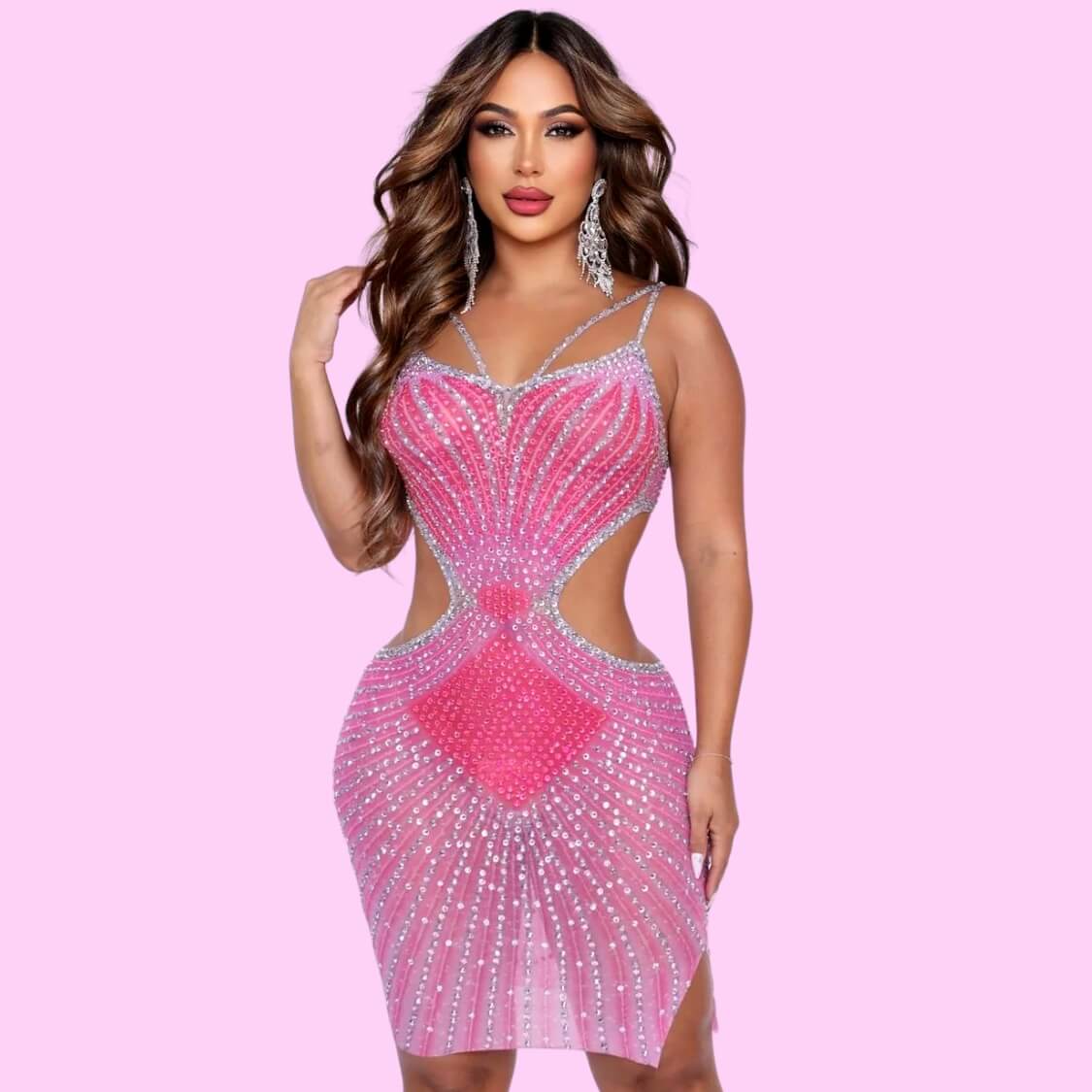 Rhinestone Mesh Party Dress Pink
