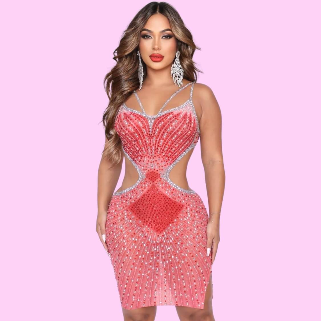 Rhinestone Mesh Party Dress Red