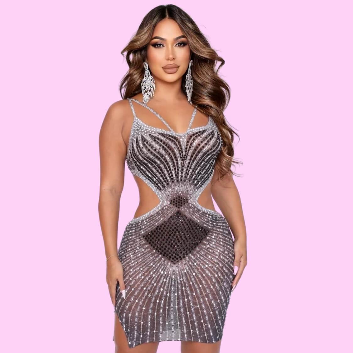 Rhinestone Mesh Party Dress Black
