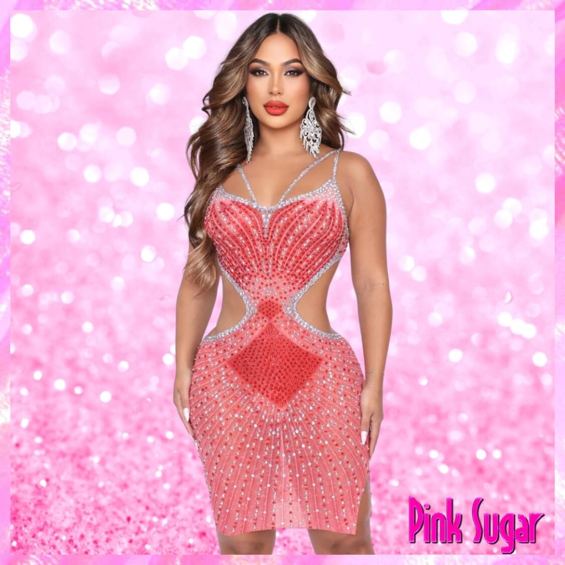 Rhinestone Mesh Party Dress Red