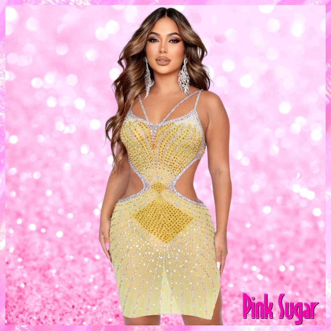Rhinestone Mesh Party Dress Yellow