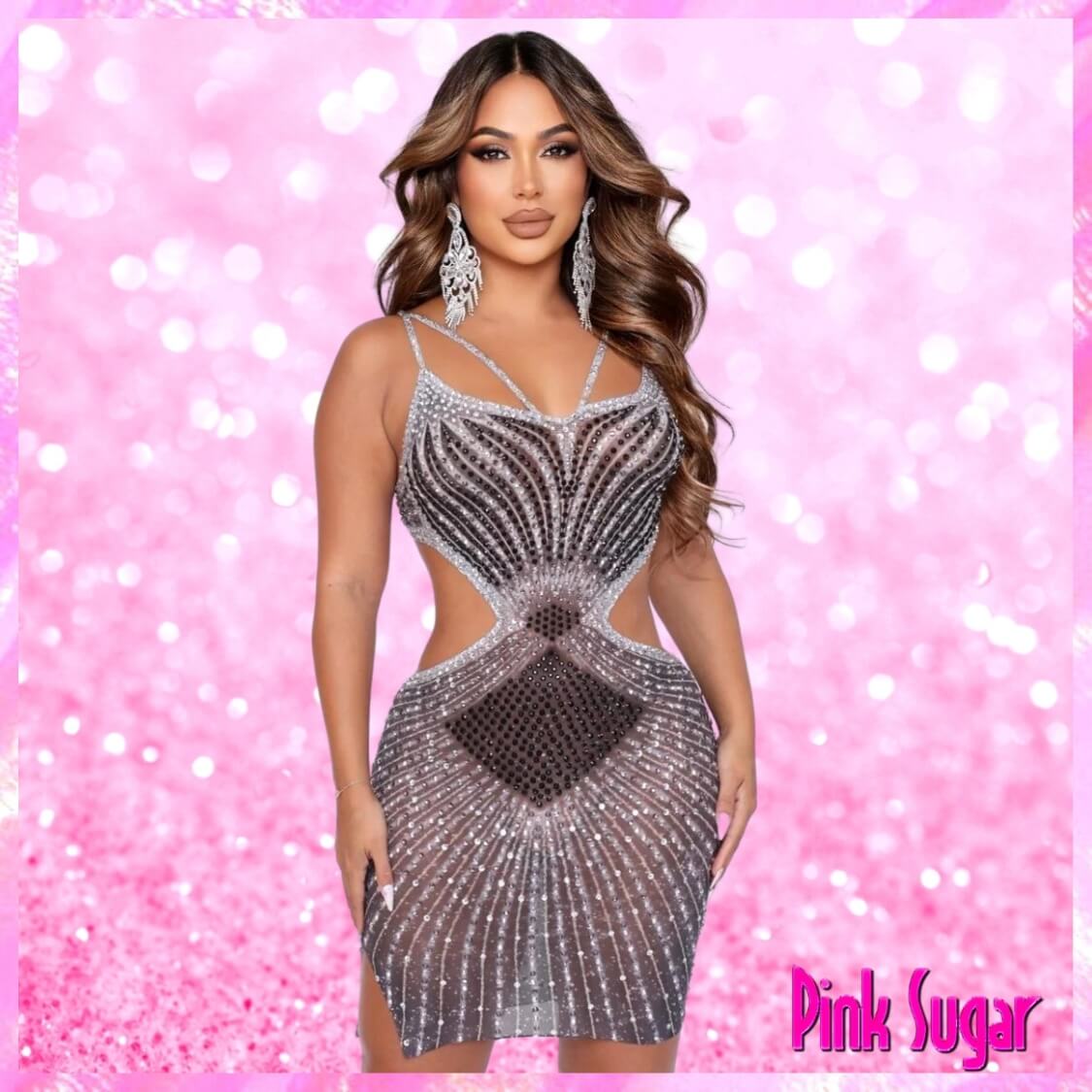 Rhinestone Mesh Party Dress Black