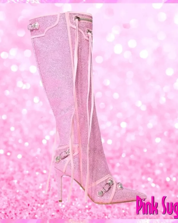 Rhinestone Stiletto Boots Pink