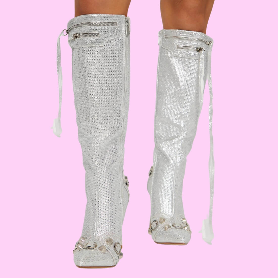 Rhinestone Stiletto Boots Silver