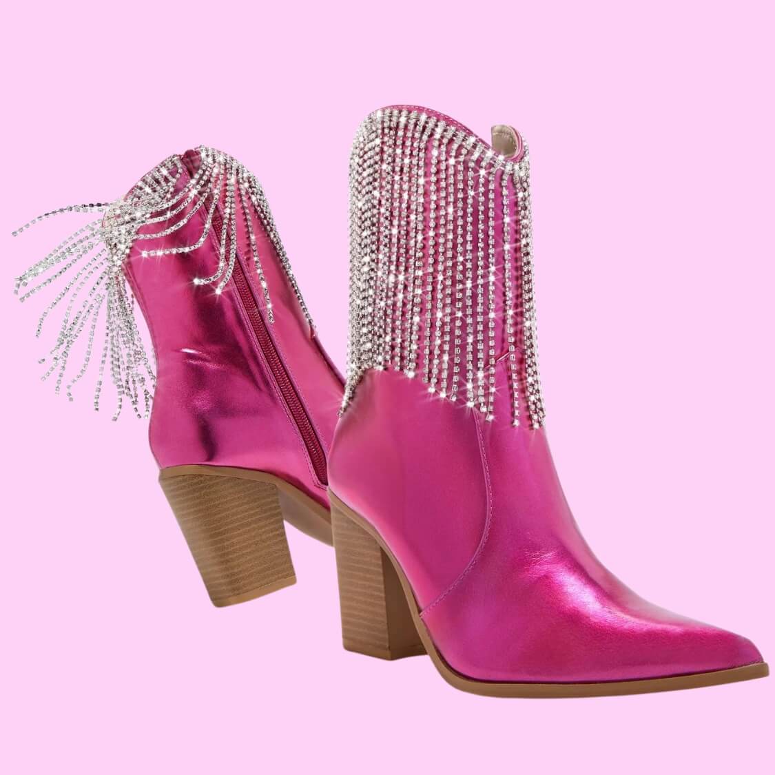 Rhinestone Tassel Block Heel Booties In Metallic Pink