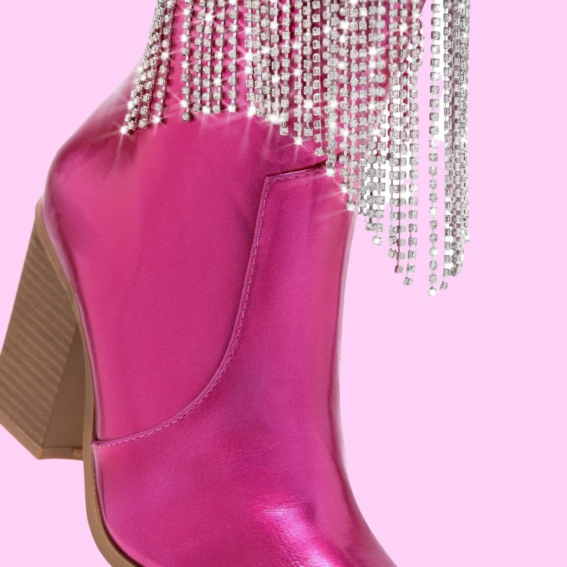 Rhinestone Tassel Block Heel Booties In Metallic Pink