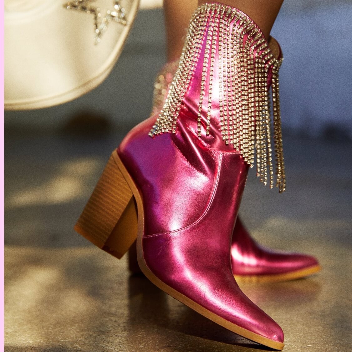 Rhinestone Tassel Block Heel Booties In Metallic Pink