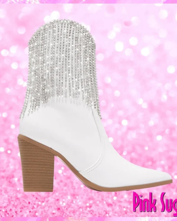 Rhinestone Tassel Block Heel Booties