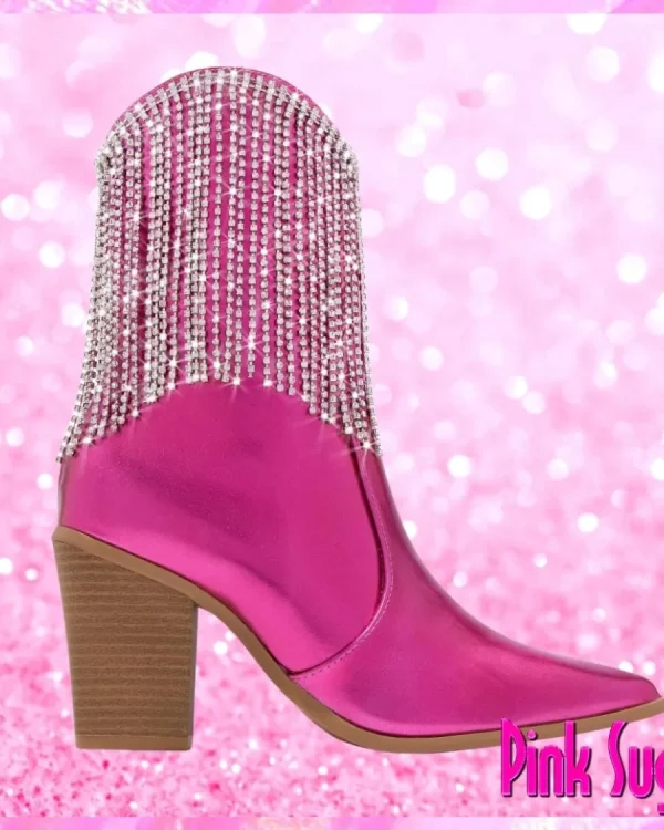 Rhinestone Tassel Block Heel Booties In Metallic Pink