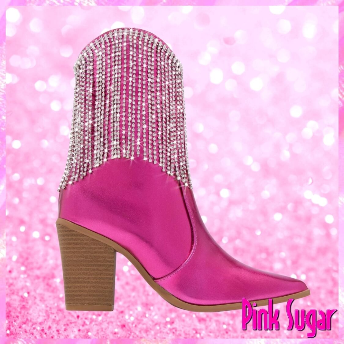 Rhinestone Tassel Block Heel Booties In Metallic Pink