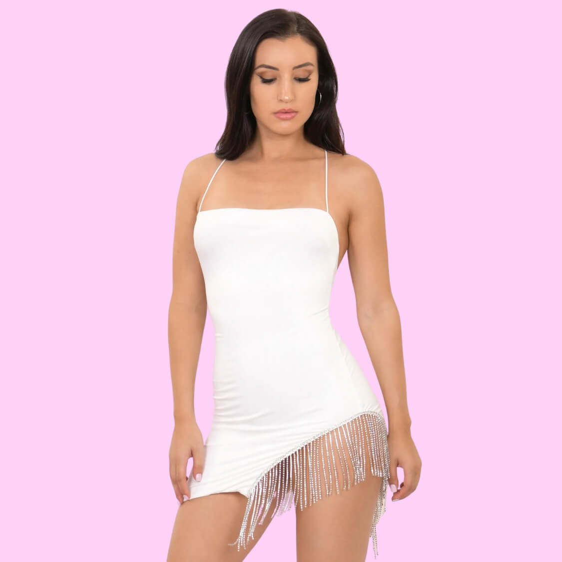Rhinestone Tassel Dress White