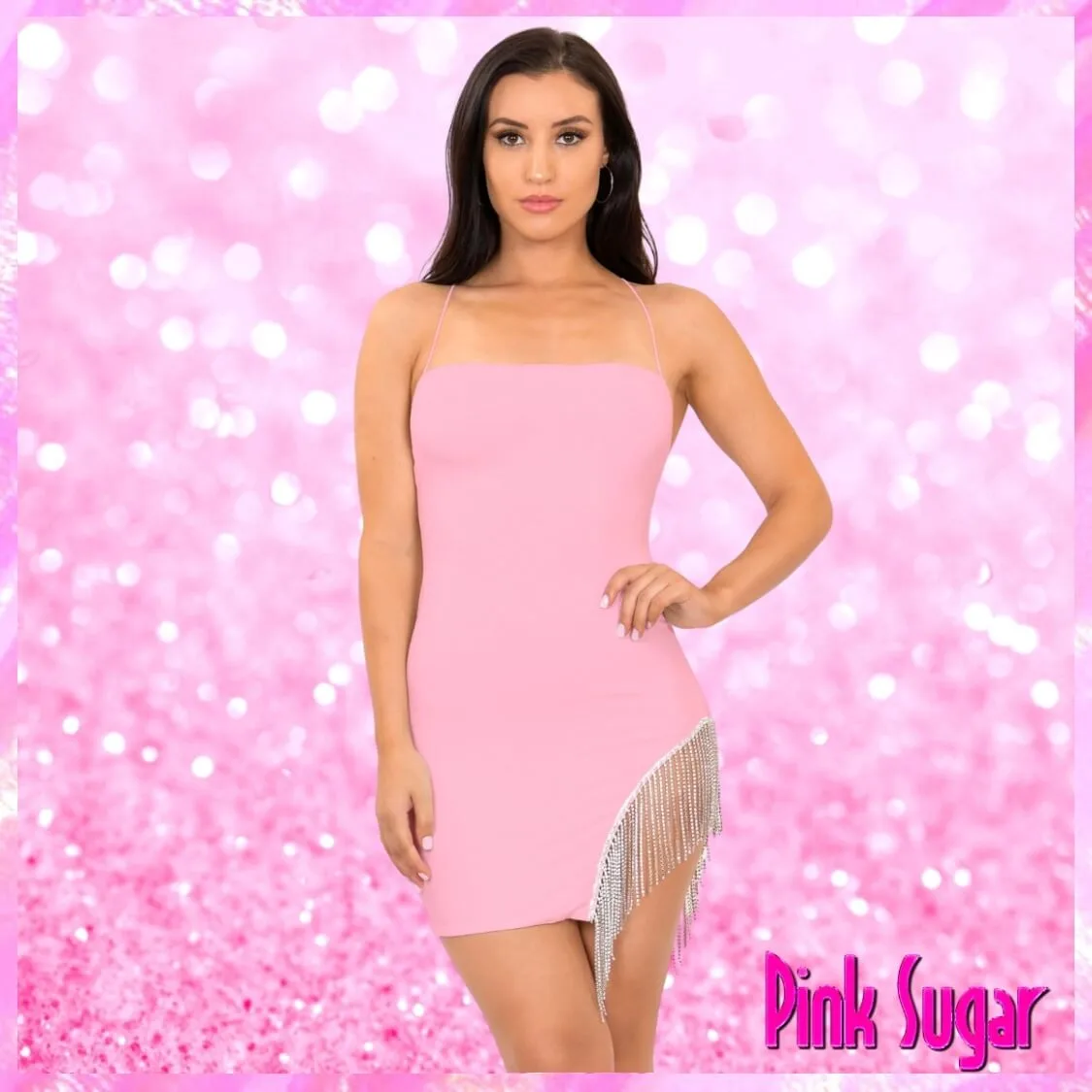 Rhinestone Tassel Dress Pink