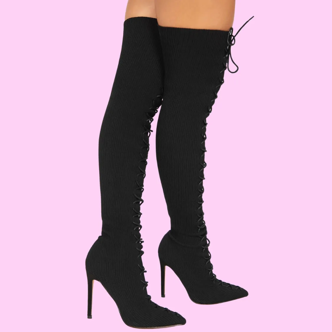 Ribbed Fabric Over The Knee Boots Black